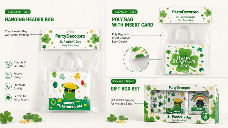 Custom St. Patrick's Day party favor bag packaging solutions featuring header card bags, poly bags with insert cards, and gift box packaging options for retail display and private label branding.