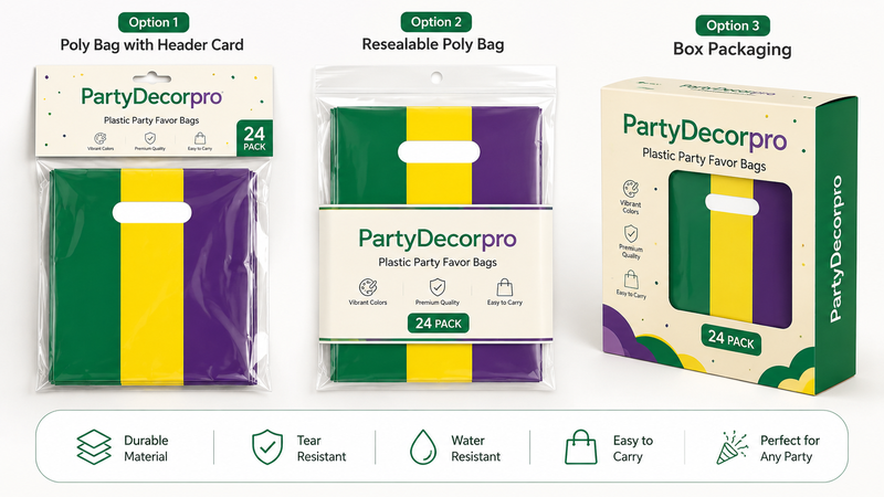 Custom retail packaging solutions for party favor bags featuring header card packaging, resealable poly bag packaging, and display box packaging with customizable branding and product presentation options