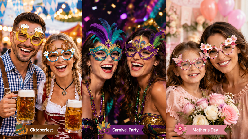 Custom Oktoberfest Carnival and Mothers Day Theme Party Glasses Collection for Celebrations and Photo Booth Events