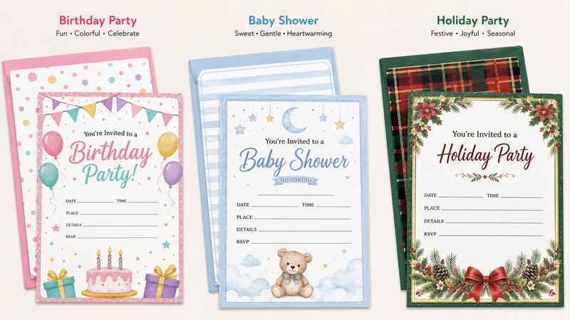 Three customizable invitation card designs featuring birthday party, baby shower, and holiday celebration themes with matching envelopes and festive artwork.