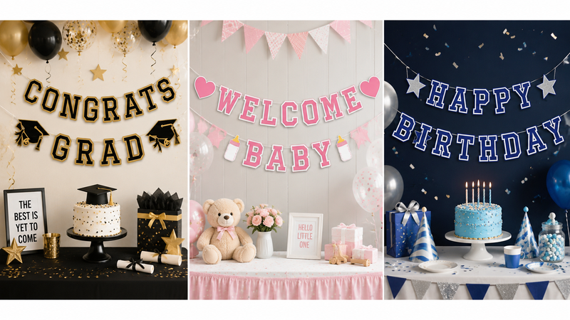 Custom Letter Banner Decorations Featuring Graduation Baby Shower and Birthday Party Themes with Colorful Personalized Designs