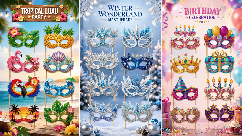 Custom Themed Handheld Party Masks Featuring Tropical Luau Winter Wonderland and Birthday Celebration Designs
