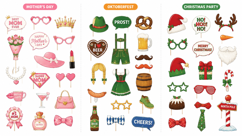 Assorted themed party photo booth props set featuring multiple styles for events including festive hats, glasses, ties, crowns and signs in vibrant colors
