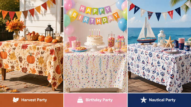 Custom printed plastic tablecloth designs for harvest, birthday and nautical themed party decorations