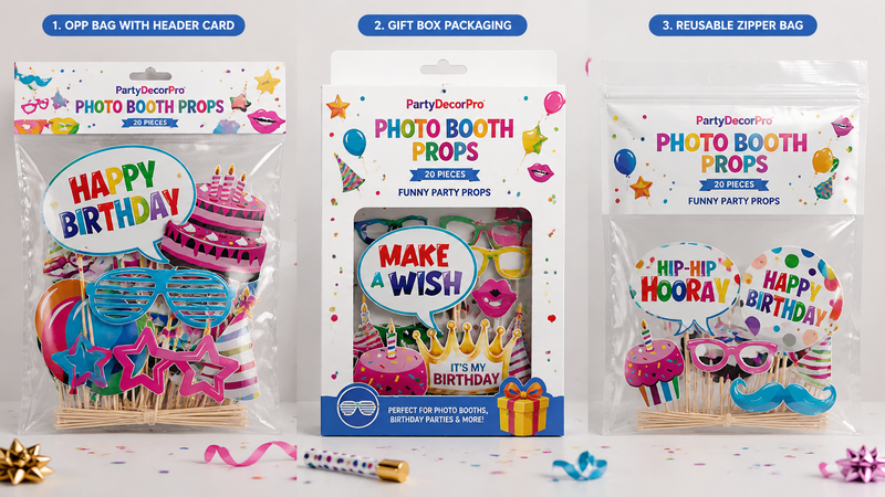 Photo booth props packaging options including header bag gift box and resealable pouch for wholesale party decoration product display