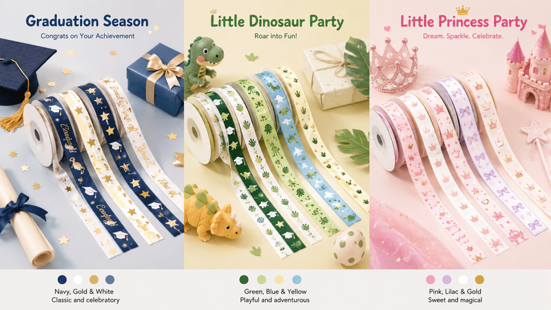Custom Graduation Dinosaur Princess Theme Grosgrain Ribbon Collection with Gift Wrapping and Party Decoration Designs