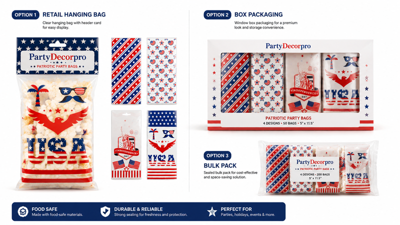 PartyDecorpro patriotic party bag packaging solutions featuring retail header card bags, window box packaging, and bulk pack options with customizable branding and printed designs