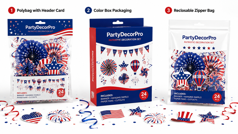 Custom packaging options for patriotic party decoration kits including header bags, color boxes, and resealable zipper pouches for wholesale supply.