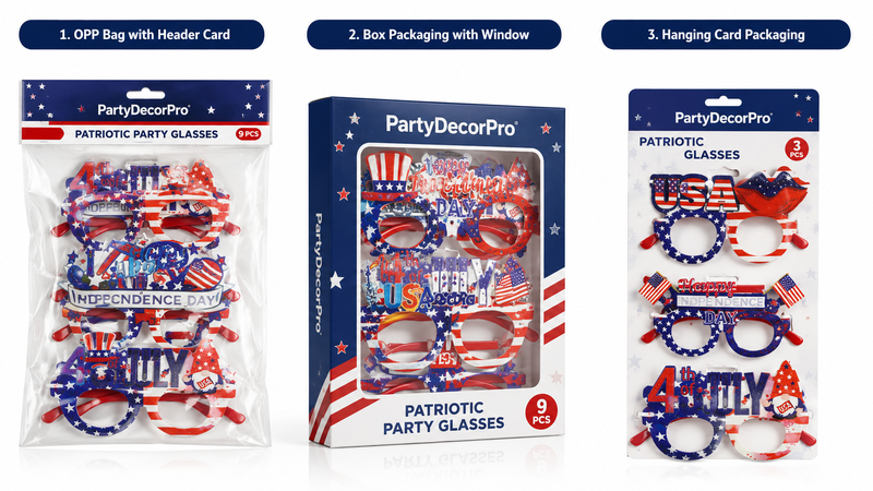 Custom patriotic party glasses packaging options including header card OPP bags, window display boxes, and retail display card packaging for wholesale party supplies