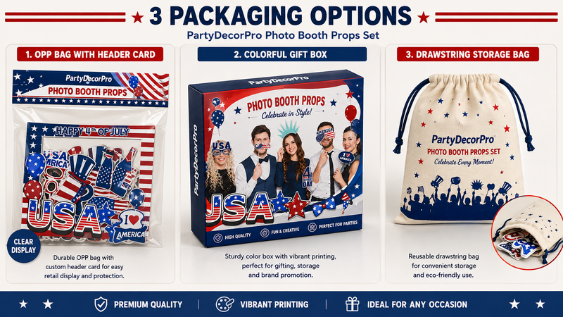 Patriotic photo booth props packaging options featuring header card OPP bag, printed gift box, and drawstring storage bag with customizable branding solutions