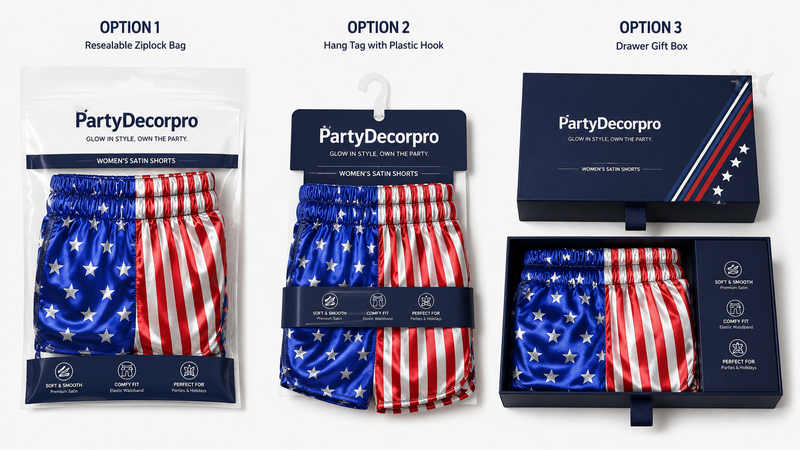 Custom packaging solutions for patriotic satin shorts featuring zipper bag, hanging card packaging, and premium drawer gift box for retail and wholesale presentation