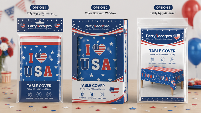 Custom patriotic table cover packaging options with poly bags, window boxes and insert card solutions