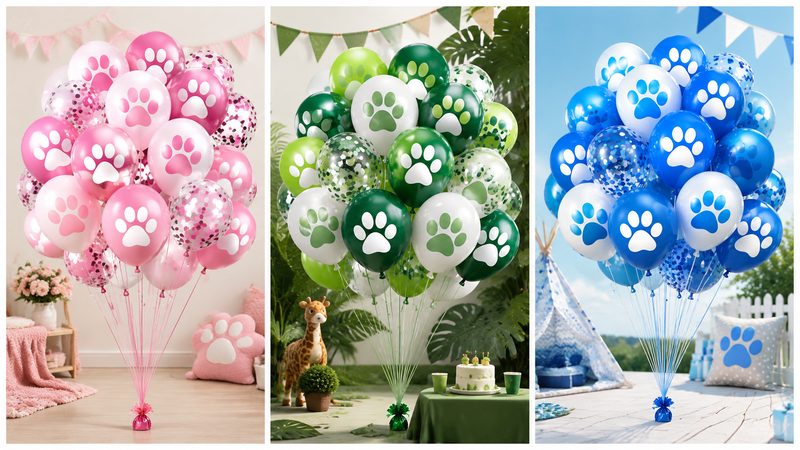 Custom paw print balloon bouquet designs in blue, white and themed colors for pet parties and celebrations