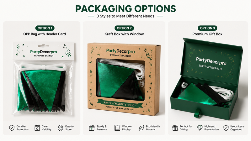 Custom Pennant Banner Packaging Solutions Featuring Header Card Bag Kraft Window Box and Premium Gift Box for Retail Display and Branding