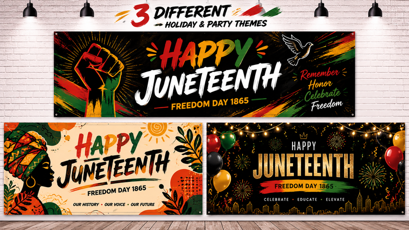 Three custom holiday party banner designs featuring Pentecost, Presidents Day and Thanksgiving themes with vibrant backgrounds, HD printing and festive decorative elements