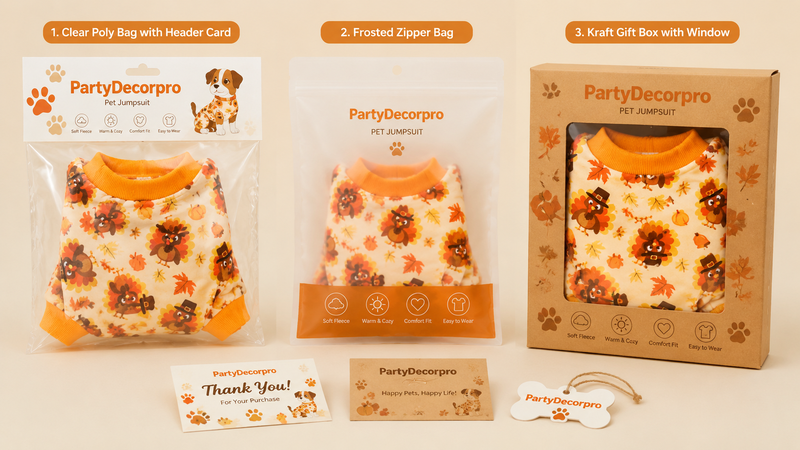 Pet apparel packaging options with poly bag, zipper bag and kraft box wholesale customization