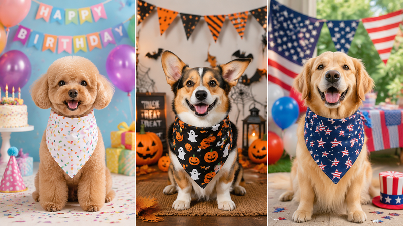 Dogs wearing festive bandanas in birthday, Halloween and patriotic themed designs displayed in a triptych layout