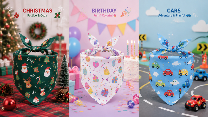 Festive pet bandana collection with Easter, birthday and car-themed designs in a 16:9 promotional layout