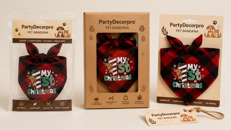Pet bandana packaging options including polybag, kraft box and hanging card display