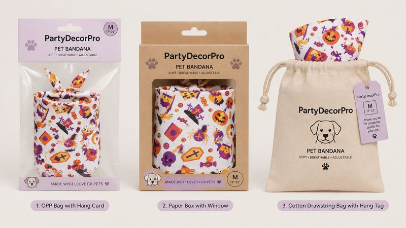 Three packaging solutions for pet bandana products including OPP bag, window box and drawstring pouch in wholesale presentation