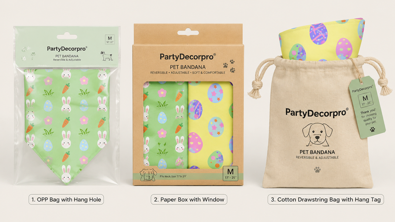 Pet bandana packaging mockup OPP hang bag window box drawstring pouch wholesale customizable B2B product display
