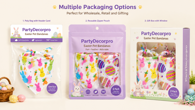 Easter pet bandana packaging options including poly bag, zipper pouch and window box with custom branding display
