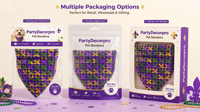 Pet bandana packaging options including poly bag, zipper pouch and window box with custom branding display