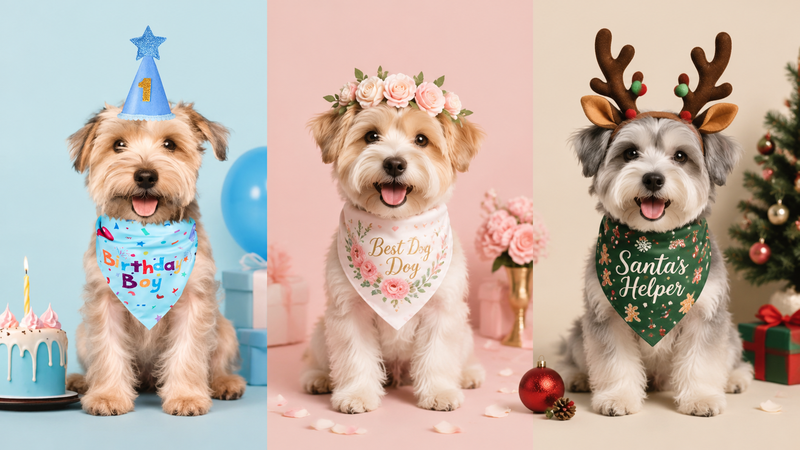 Pet bandana product showcase with festive themed dog scarf designs in multiple styles for wholesale customization