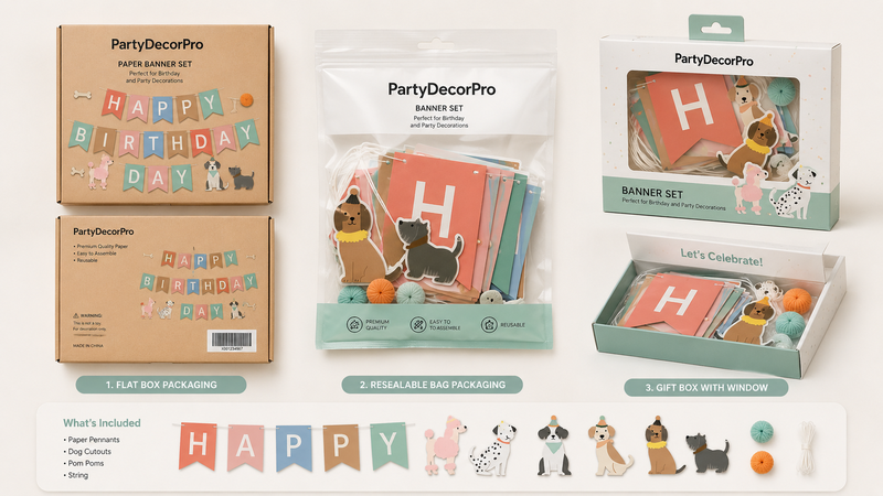 Custom packaging options for pet birthday banner sets including flat boxes, resealable bags, and window gift boxes for retail and wholesale display.