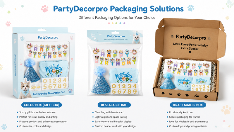 Custom packaging solutions for pet birthday party kits featuring cat banners, party hats, bandanas, and accessories for wholesale and retail display.