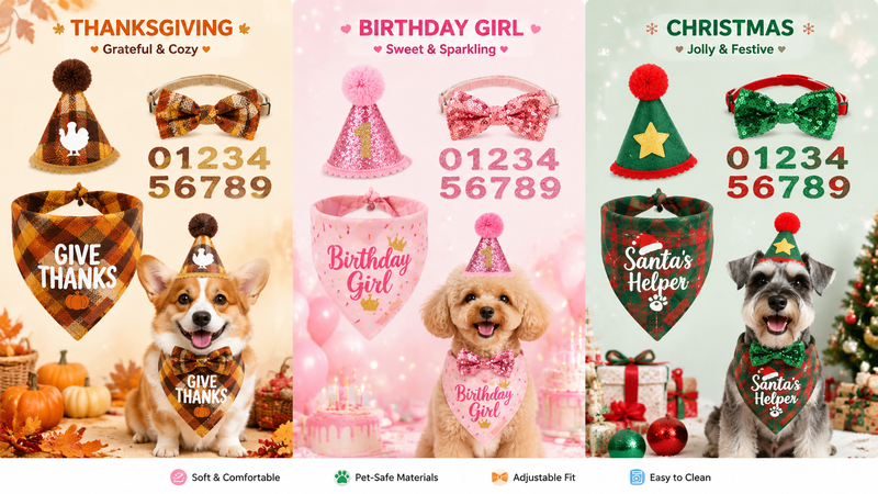 Pet birthday party set including hat, bow tie, bandana and number props in blue glitter design