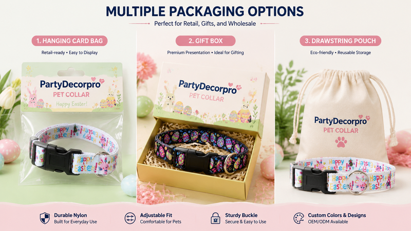 Pet collar packaging options displayed in three styles including card bag gift box and drawstring pouch for wholesale customization