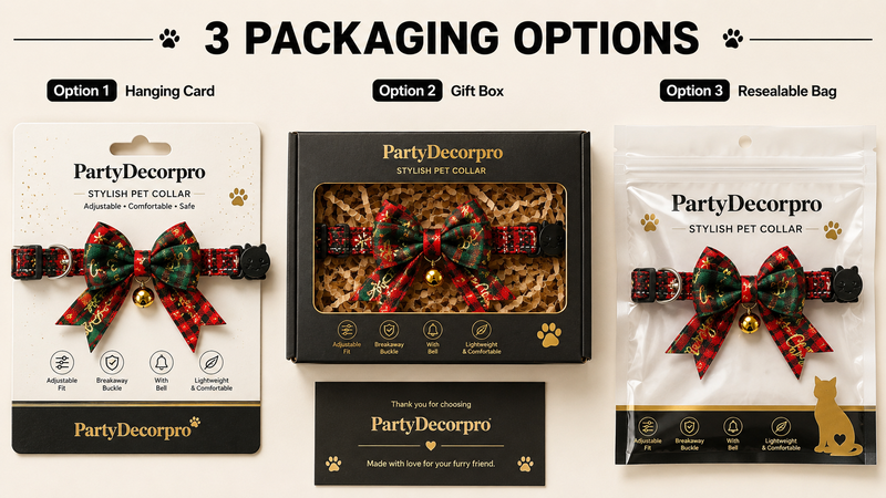 Pet collar packaging comparison featuring hanging card, gift box, and resealable bag retail packaging options with customizable branding and premium presentation