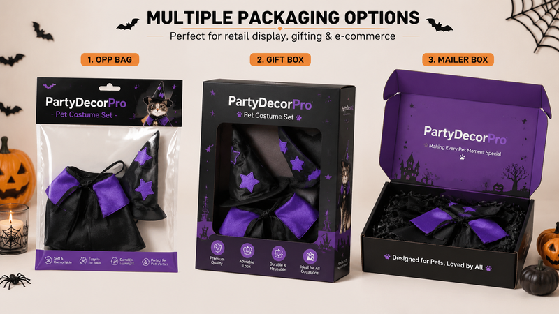 Pet costume packaging display showing OPP bag gift box and mailer box for wholesale and e-commerce use