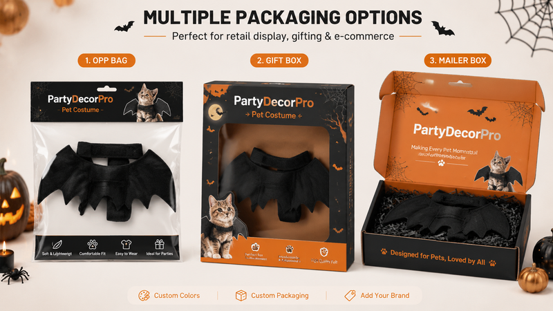 Pet costume packaging design showcasing OPP bag gift box and mailer box Halloween themed retail and wholesale options