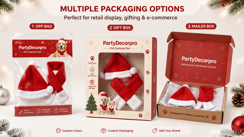 Pet costume packaging options showing OPP bag gift box and mailer box with customizable wholesale branding display