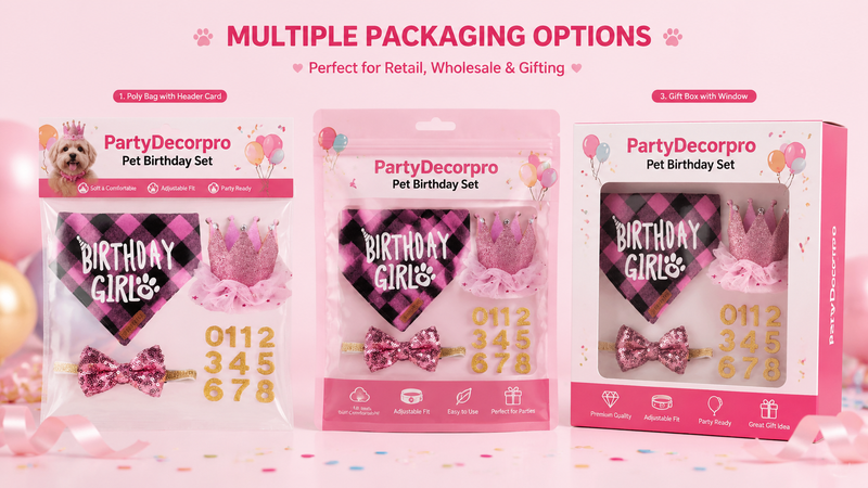 Pet costume packaging display with poly bag, zipper pouch and gift box options, customizable wholesale packaging solutions