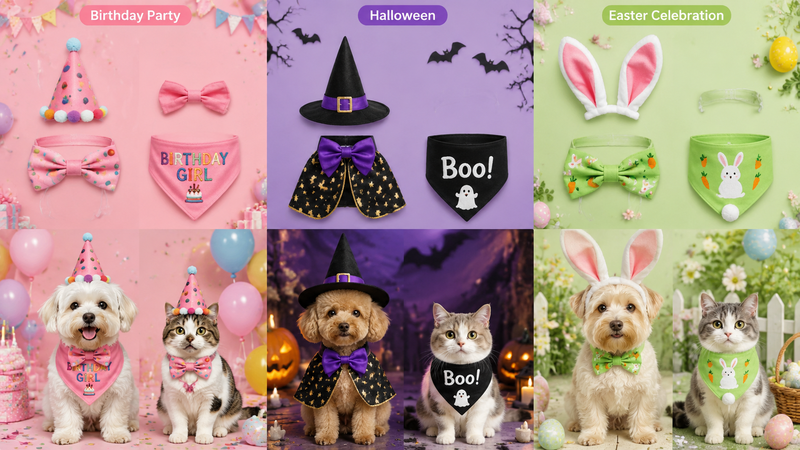 Holiday pet costume set featuring cats and dogs in Christmas hats and scarves, customizable wholesale party outfits
