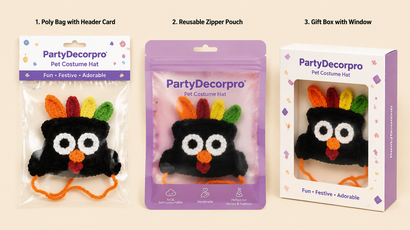 Pet hat packaging options showing OPP bag zipper pouch and window gift box wholesale customizable branding display