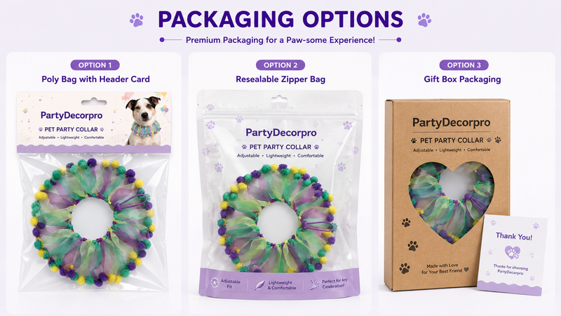Custom packaging options for pet party collars featuring header card poly bags, resealable zipper pouches, and gift box packaging with branded retail presentation and customizable packaging solutions
