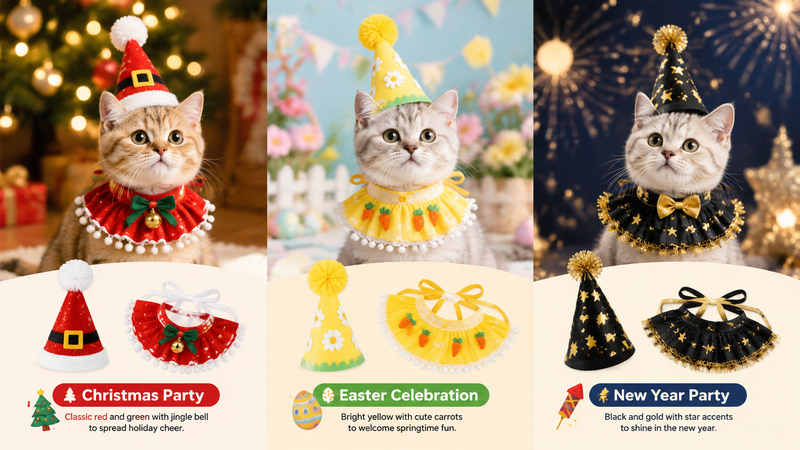 Colorful pet party costume set featuring themed hats and bib accessories for cats, shown in multiple festive styles for wholesale customization