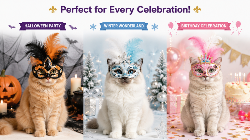 Three themed pet masquerade mask designs featuring Halloween, winter celebration, and birthday party styles with decorative feathers, sequins, and festive elements displayed in a creative comparison showcase.