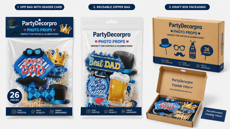 Three packaging solutions for photo booth props including header card OPP bag, resealable zipper bag and kraft box, designed for retail and wholesale distribution with customizable branding and structure