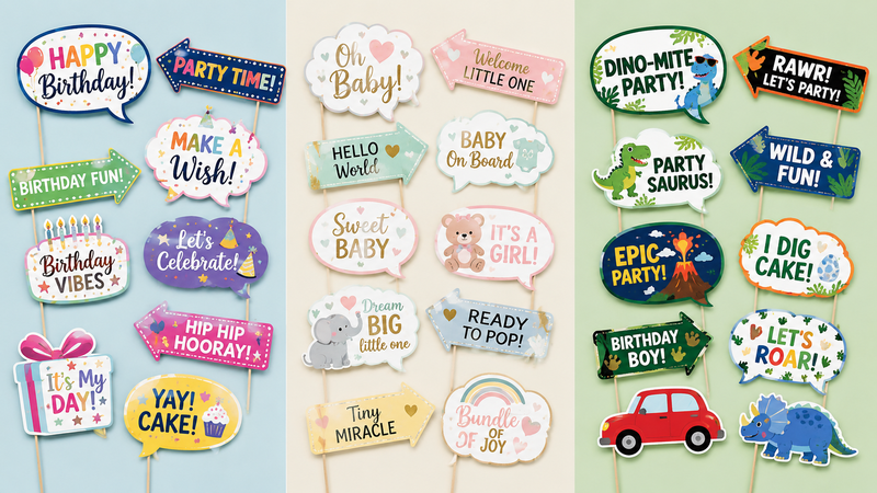 Custom Animal Dinosaur and Vehicle Theme Photo Booth Props with Fun Party Signs and Handheld Accessories