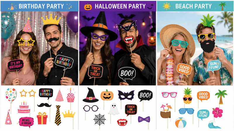 Custom Party Photo Booth Props Theme Collection with Masks Glasses Hats Mustaches Hearts and Decorative Accessories