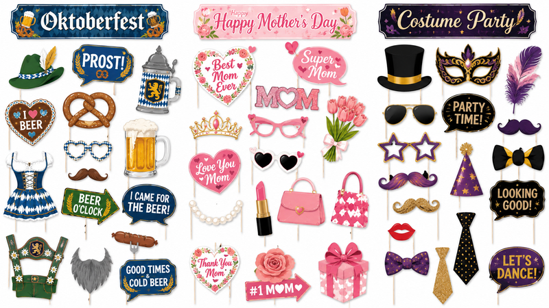 Custom Oktoberfest Mothers Day and Costume Party Photo Booth Props with Themed Accessories and Signs