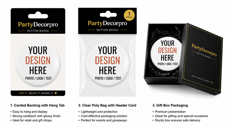 Custom pin badge packaging options including card backing, poly bag, and gift box for wholesale branding and product display