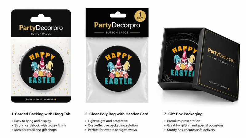 Custom metal pin badge packaging options including hang card, poly bag, and gift box for wholesale branded presentation