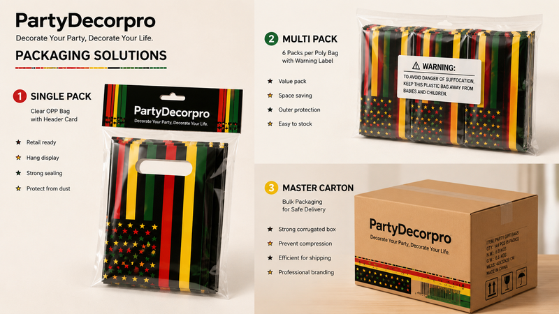 Custom packaging solutions for plastic gift bags featuring retail-ready header card packaging, multipack bag packaging, and master carton packaging for wholesale and branded presentation