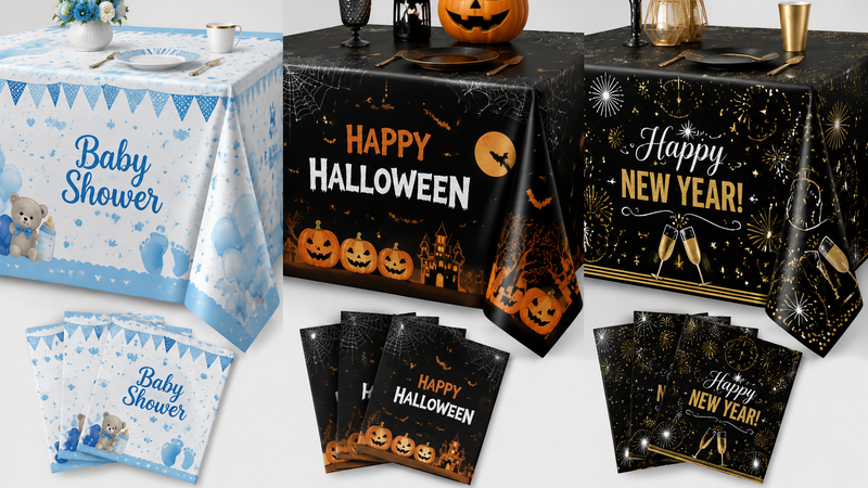 Custom waterproof plastic party tablecloths with festive themed designs
